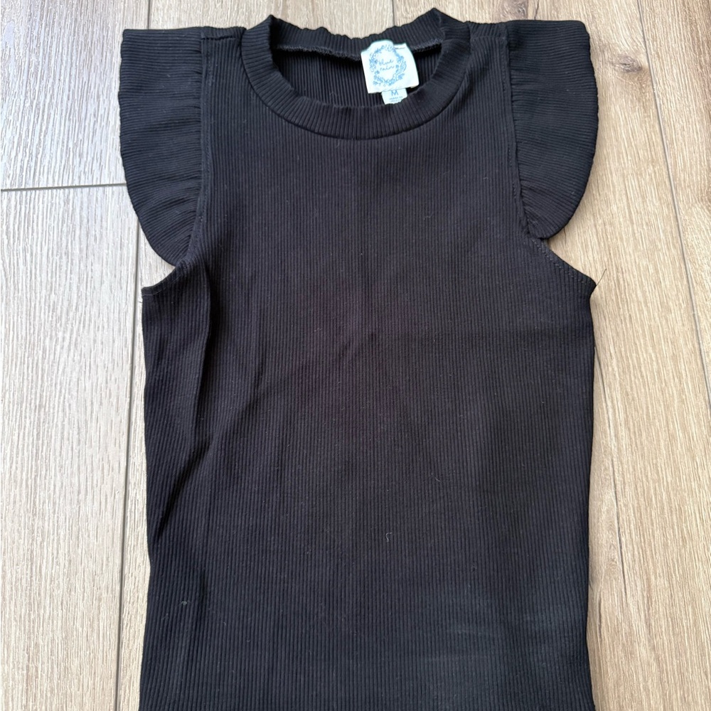 Blue Rain Black Ribbed Flutter Sleeve Tank Top